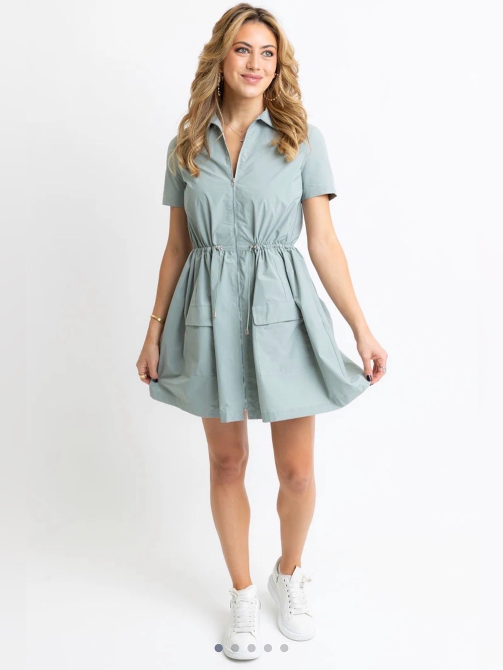 Karlie solid pocket cinch waist dress in sage